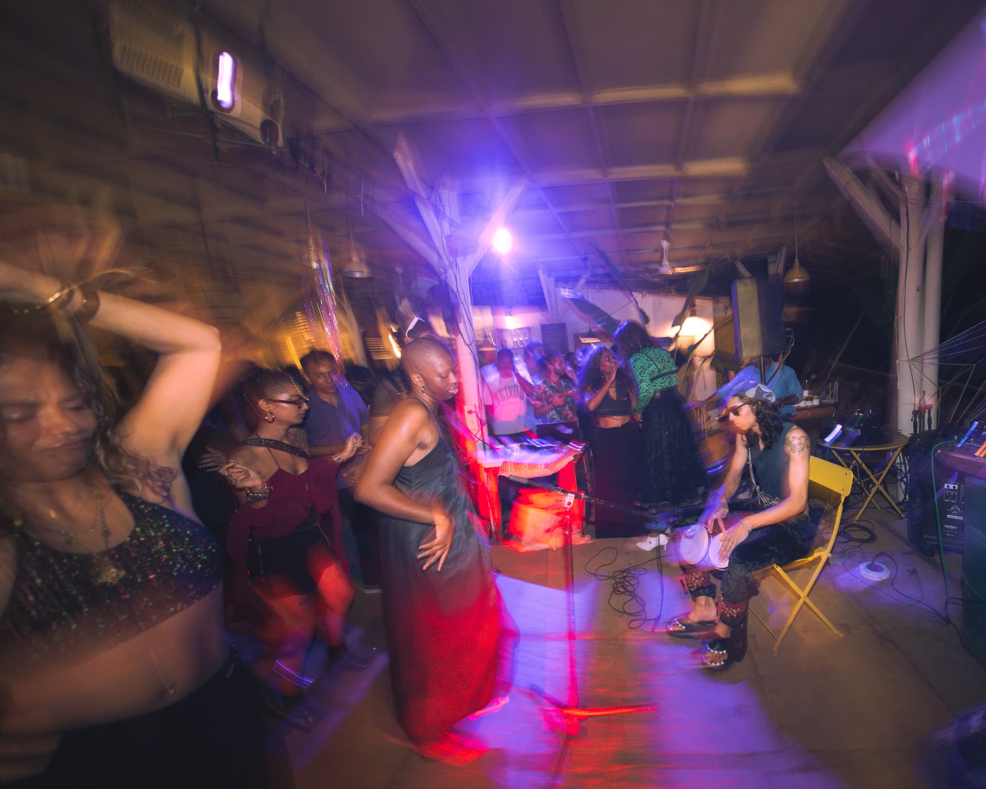 Dance floor in motion under blue and red light